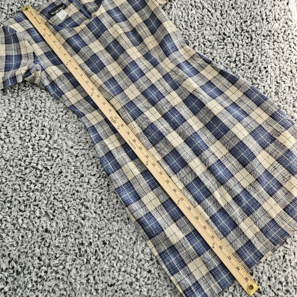 Vintage 90s My Michelle Blue Plaid Mini Dress 7/8 XS Short Sleeve Linen Grunge - Picture 10 of 14